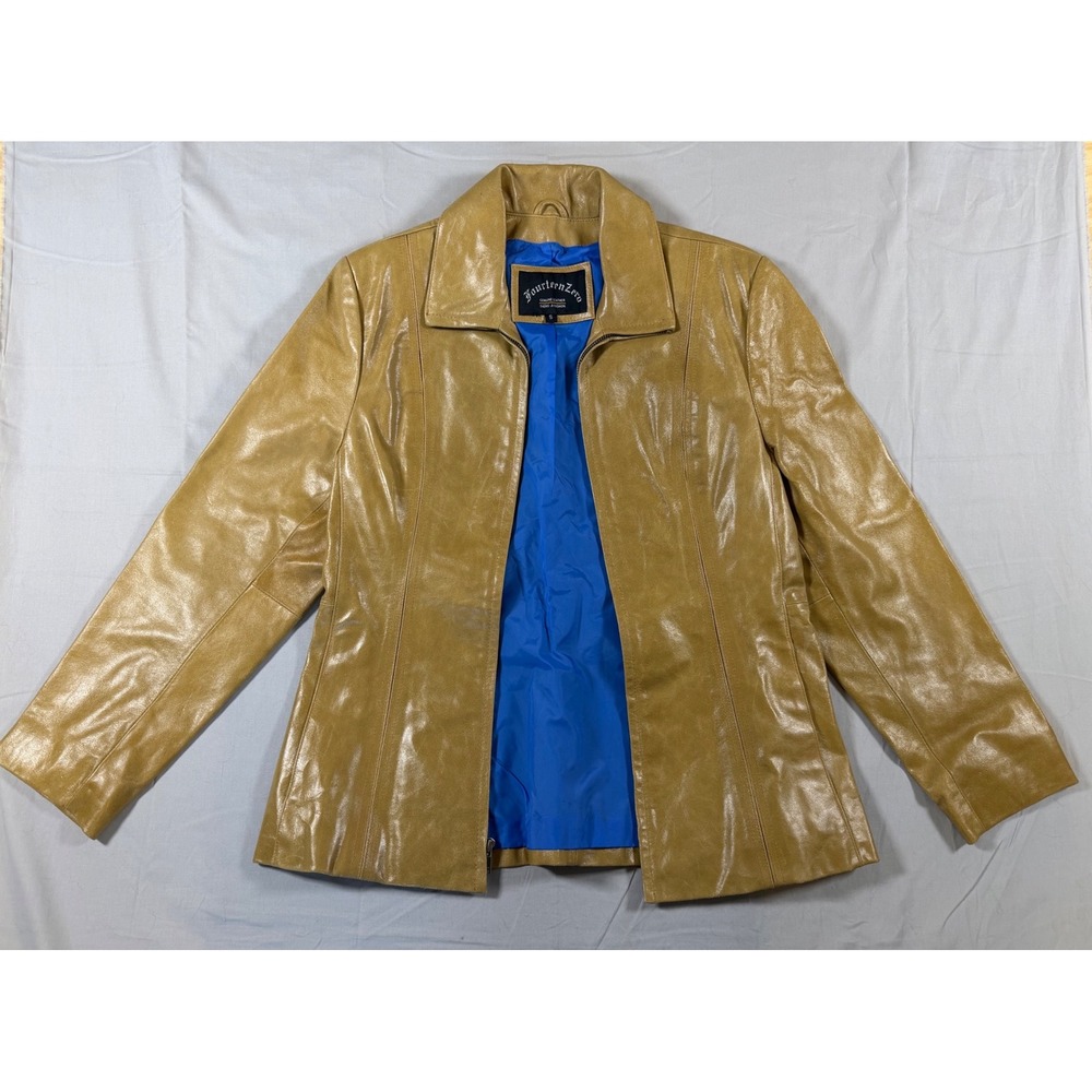 Fourteen Zero Tan Genuine Leather Zip Front Jacket Blue Lining Womens Small